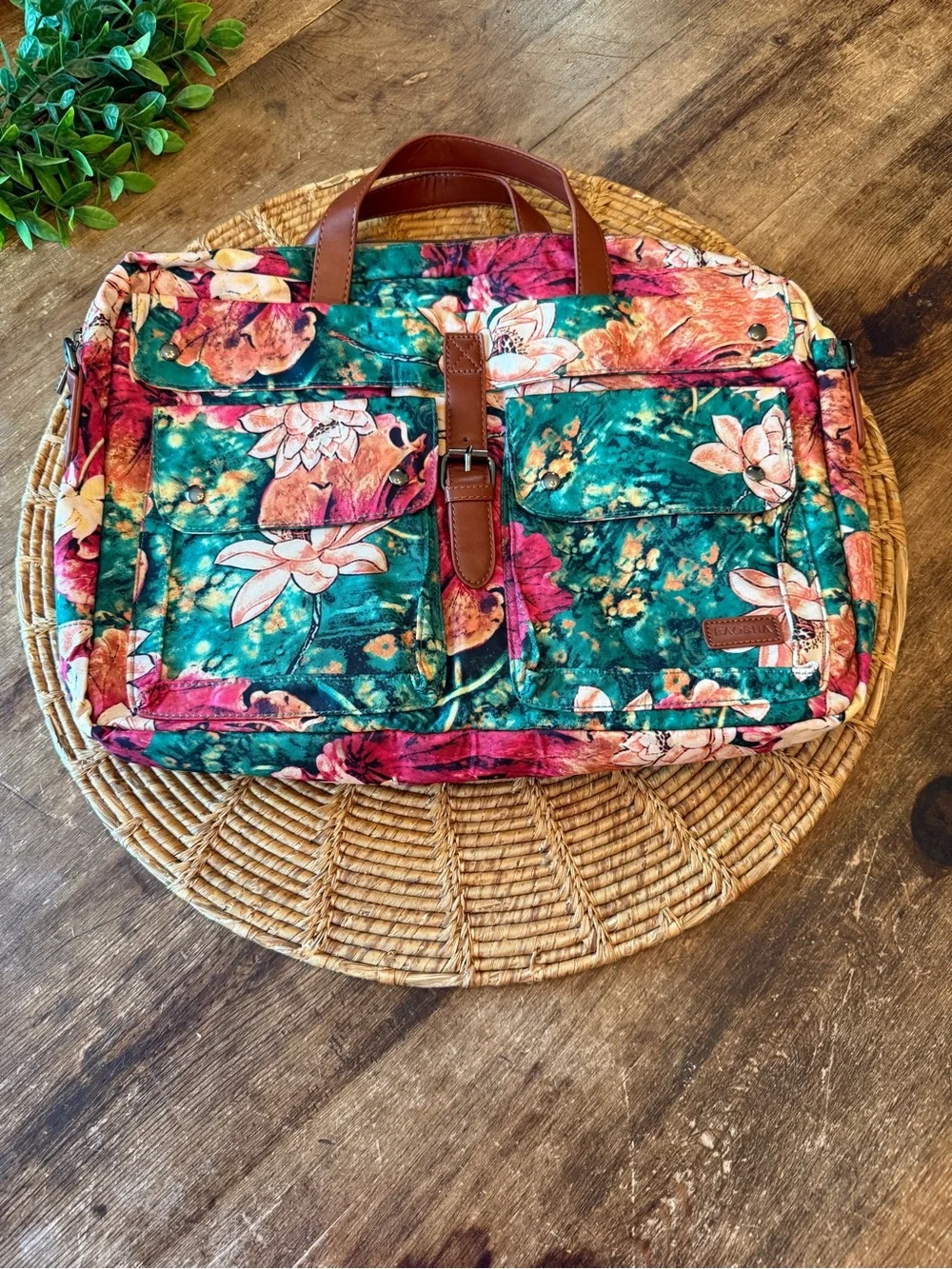 NWOT BAOSHA Floral Computer Briefcase Style Bag with Teal & Pink